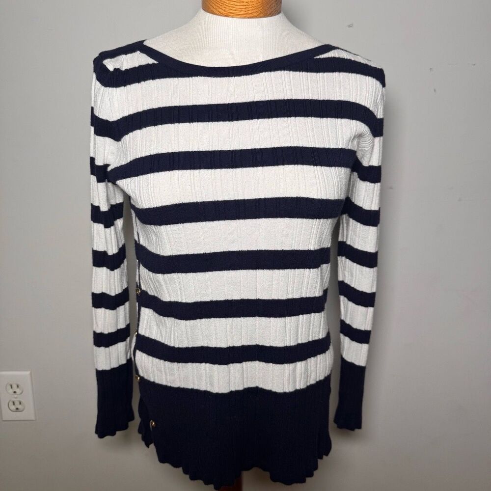 Croft & Barrow Womens L Navy White Ribbed Knit Nautical Boatneck Sweater